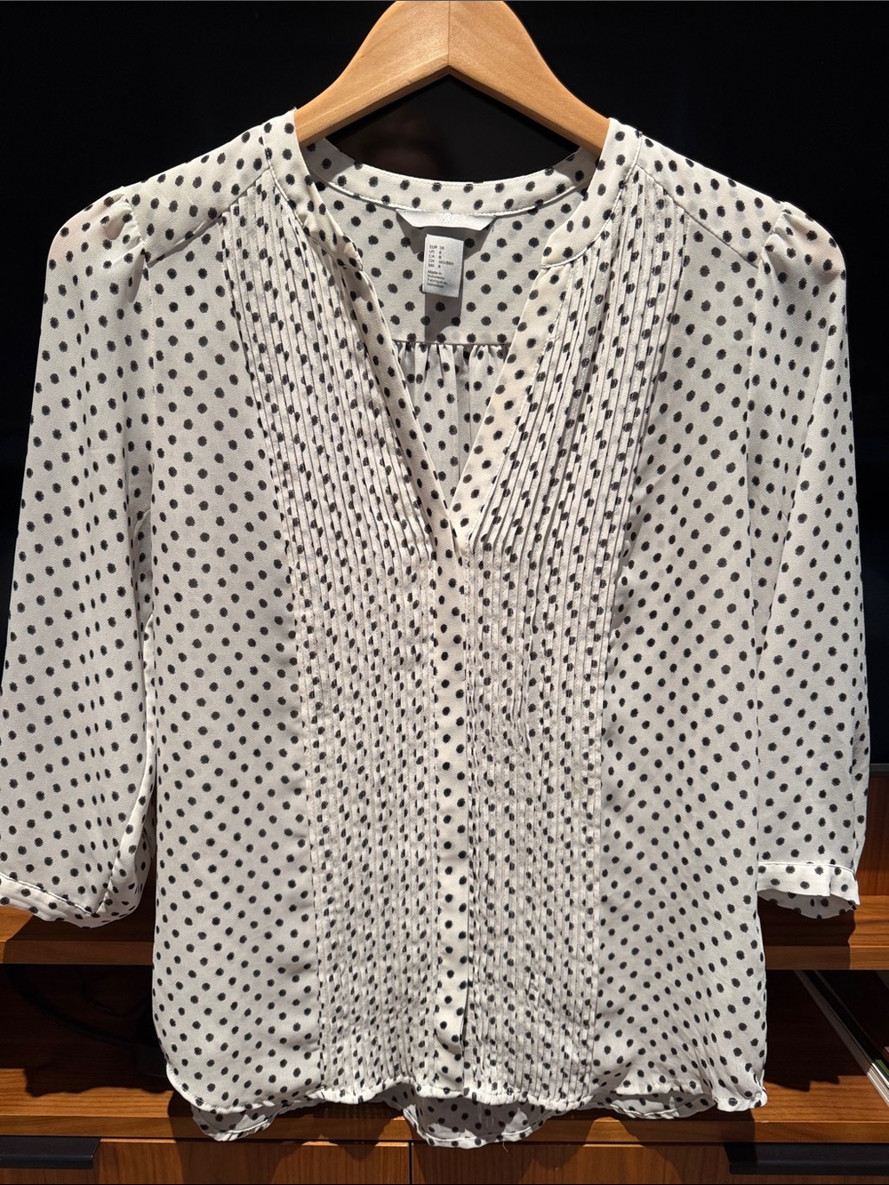 Vintage H&M White Blouse with Black Polka Dots and Pintuck Front